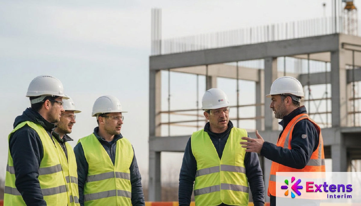 recrutement rapide intérimaires roumains - Chef de chantier français supervisant des ouvriers roumains sur un chantier.