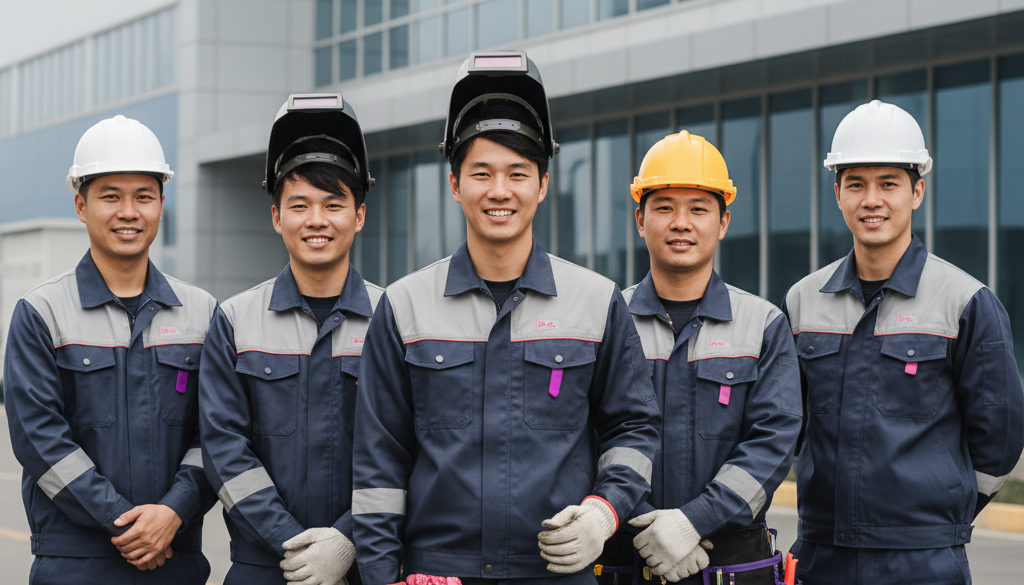 Groupe d'ouvriers roumains qualifiés souriant devant une usine moderne.