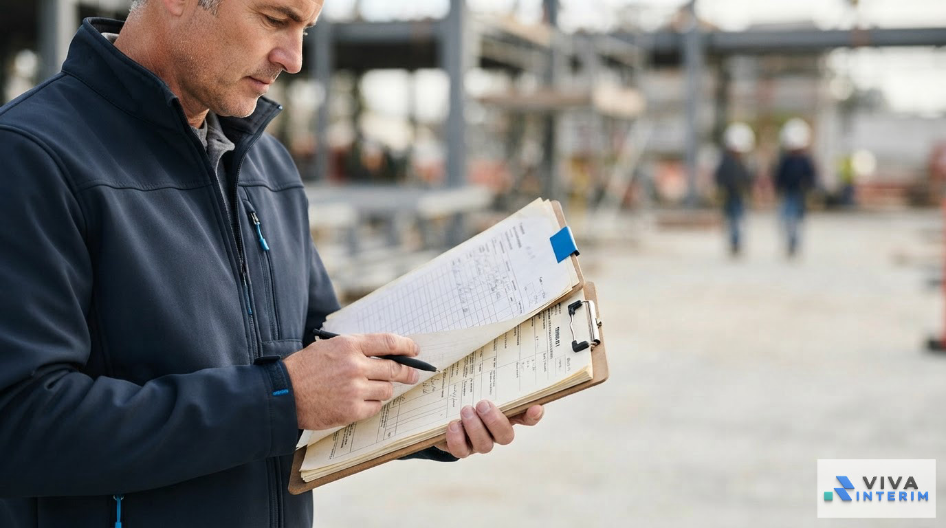 Un chef de chantier examinant des feuilles d'heures et un formulaire A1.