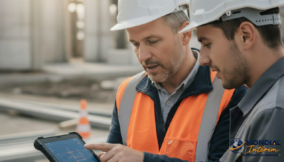 Un chef d'équipe communique des plans via une tablette.
