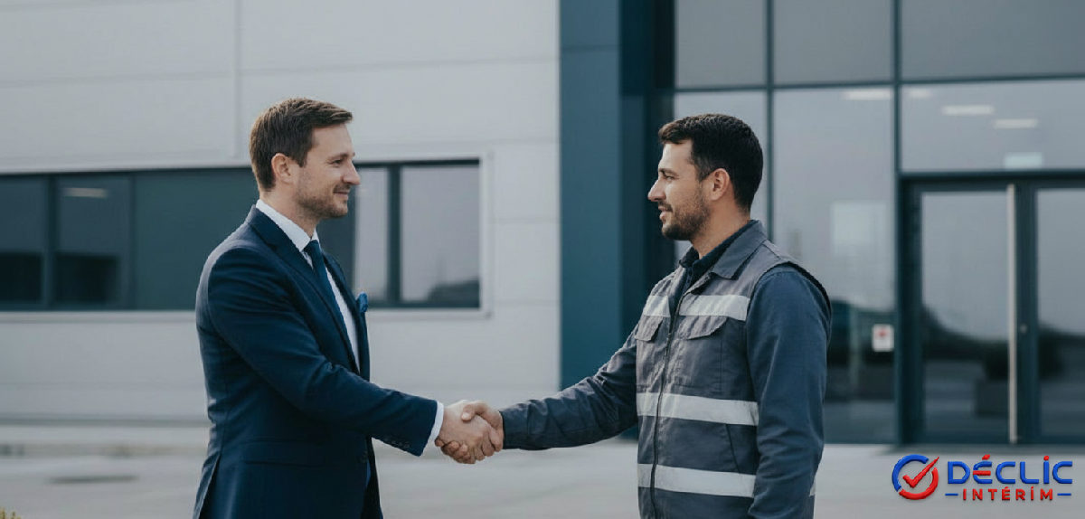 Poignée de main entre employeur français et ouvrier roumain.