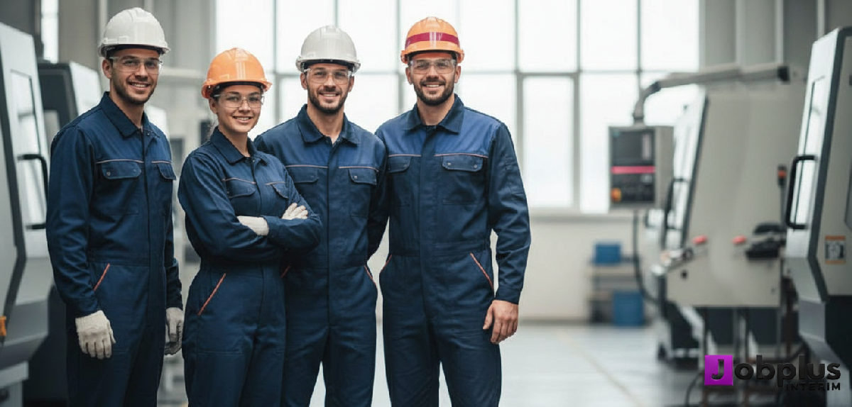 Travailleurs industriels roumains qualifiés en tenue de sécurité.