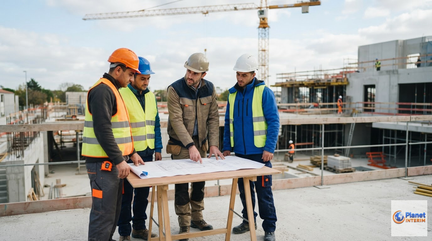 manager intérimaires roumains en france - Équipe de managers intérimaires roumains examinant des plans sur un chantier moderne.