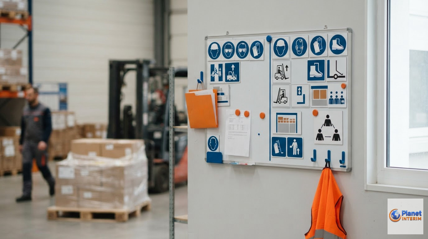 Tableau de bord logistique illustrant le management visuel avec des icônes de sécurité.