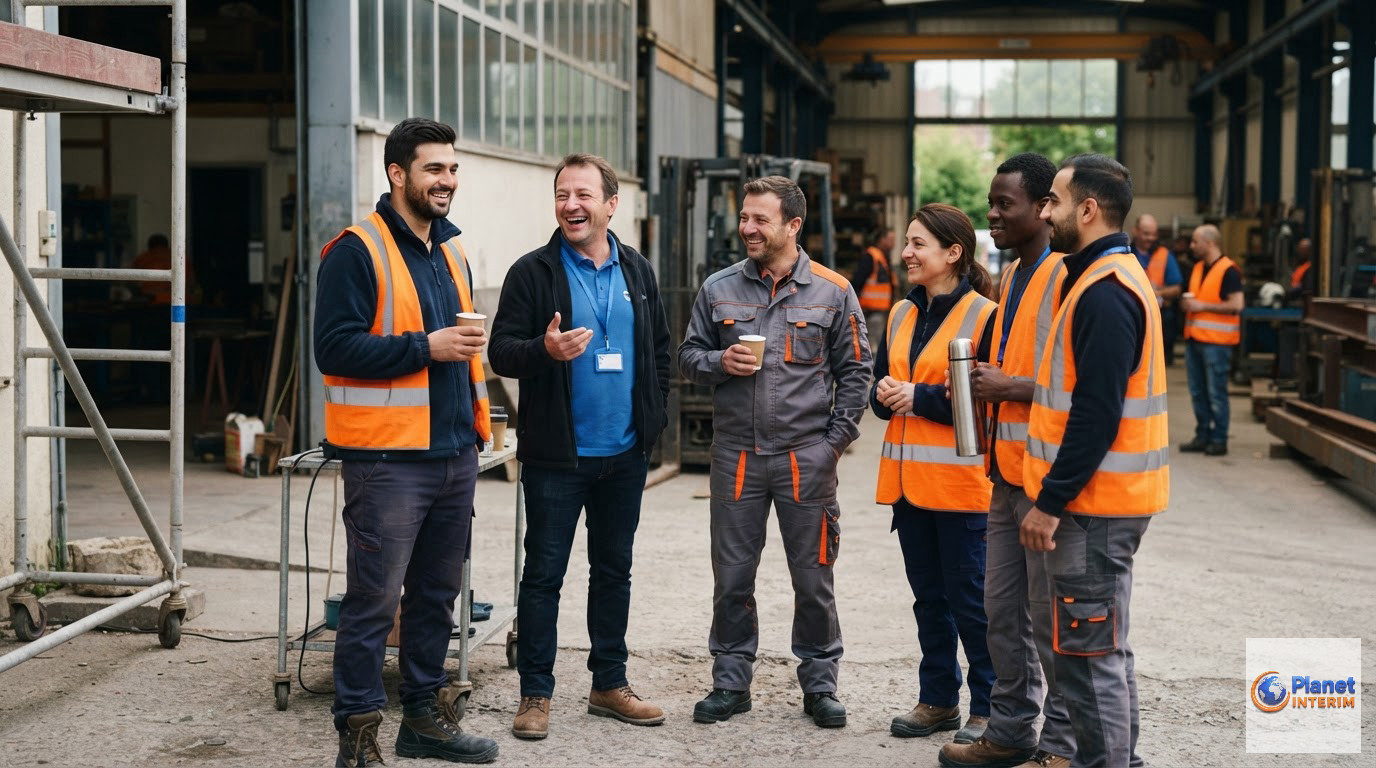 Travailleurs internationaux souriants lors d'une pause café sur un site industriel.