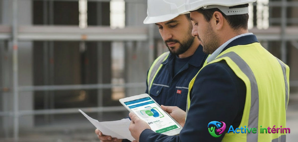 Inspecteur du travail vérifie documents SIPSI sur chantier avec tablette.