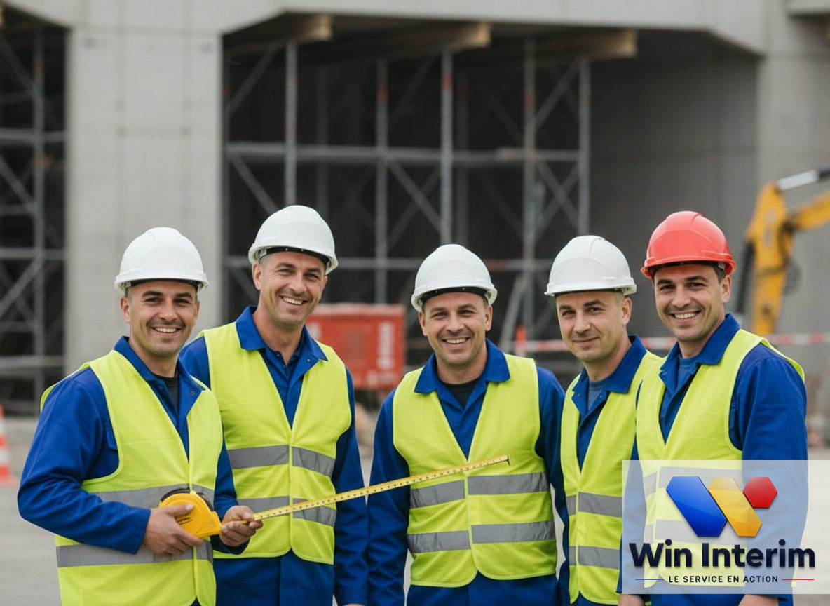 Ouvriers roumains souriants sur un chantier en France, succès administratif.