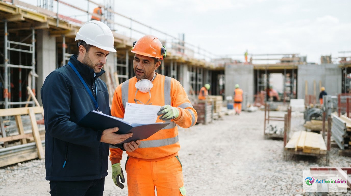 Un inspecteur vérifiant la conformité des documents d'un travailleur roumain sur un chantier.