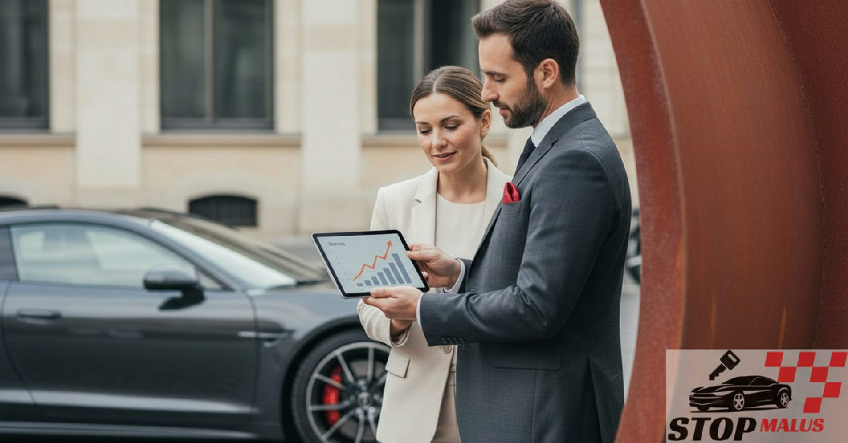 Consultant montrant les économies fiscales sur tablette près d'une voiture.