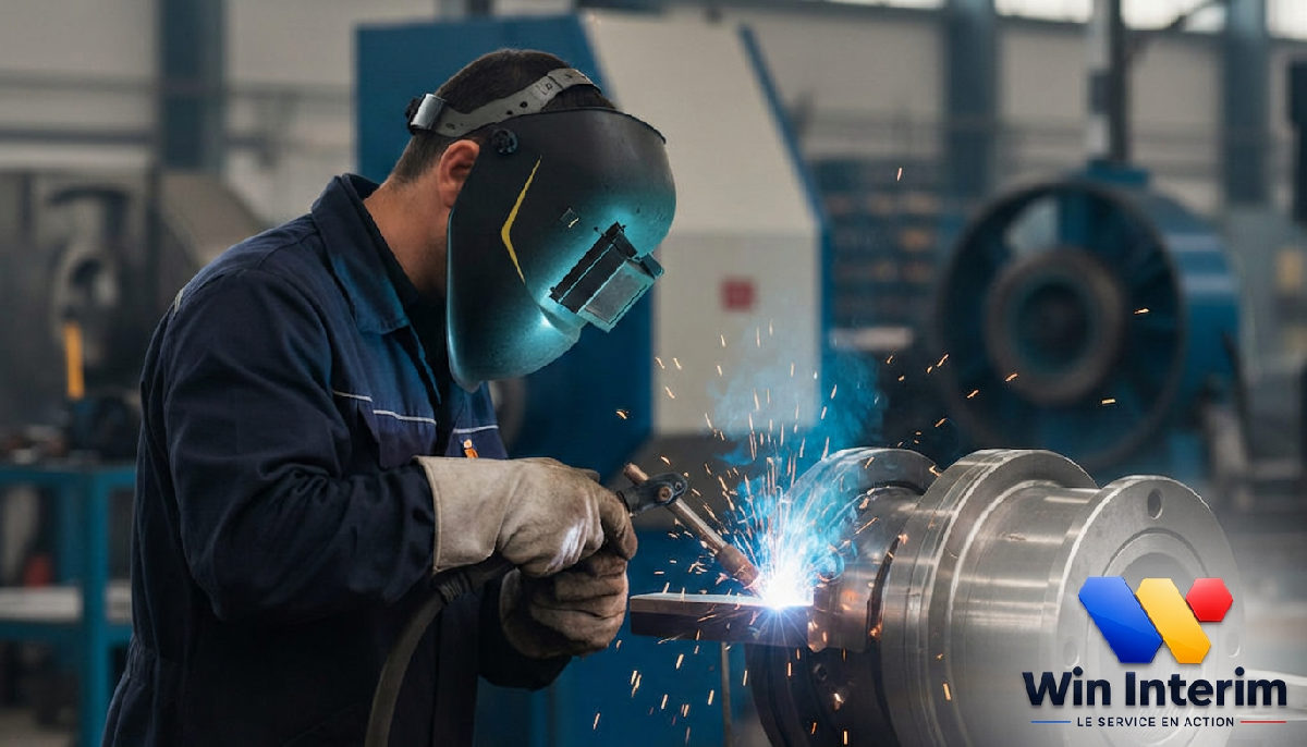 Ouvrier roumain spécialisé faisant de la soudure en usine.