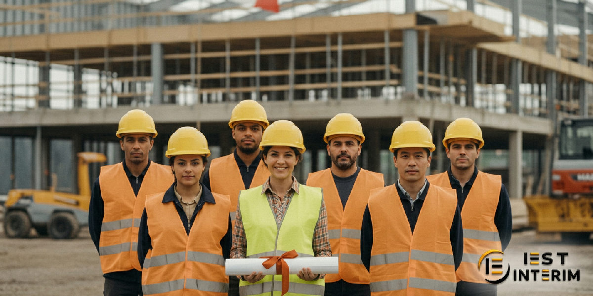 Équipe d'ouvriers en chasubles sur un chantier lors d'une fête nationale.