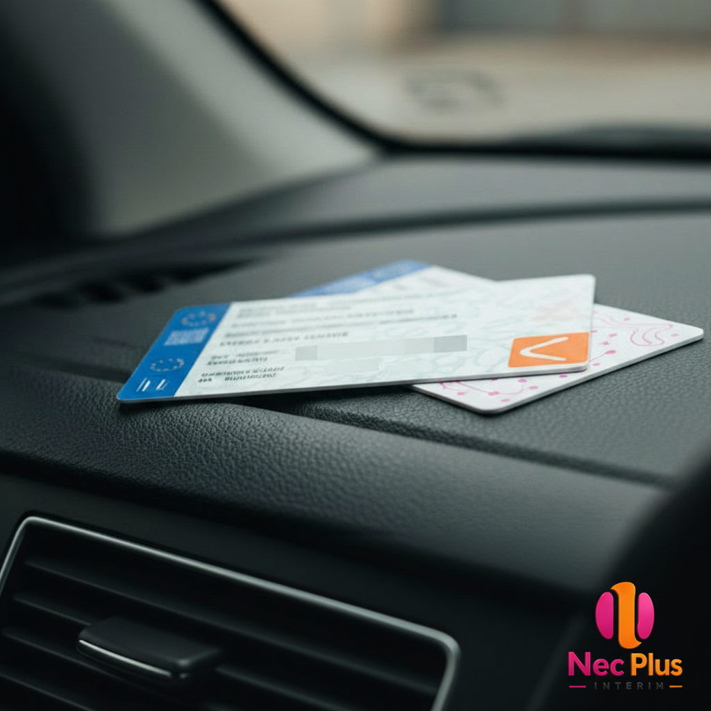 Permis de conduire et carte de qualification roumains sur un tableau de bord.