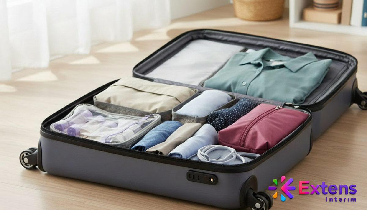 comment voyager léger sans rien oublier - Valise cabine organisée avec des cubes de rangement et des vêtements roulés.