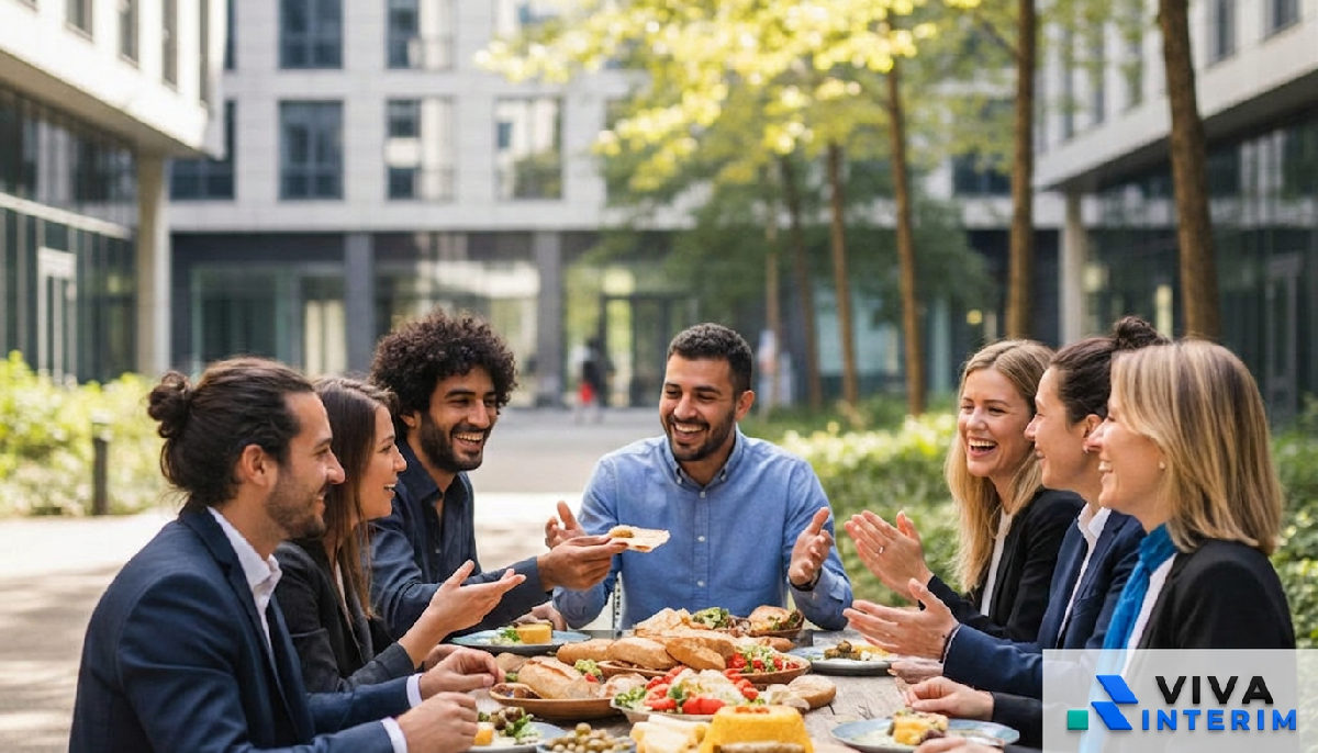 Travailleurs français et roumains partageant un moment de convivialité.
