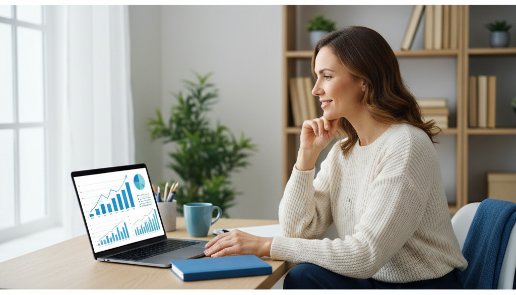 Small business owner reviews growth charts on a laptop.