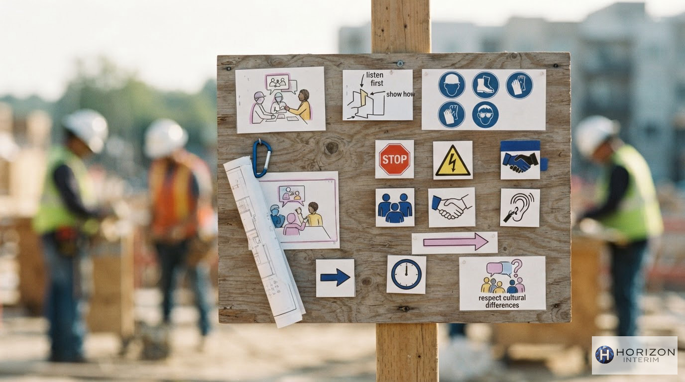 Panneau de chantier affichant des instructions de sécurité et de communication