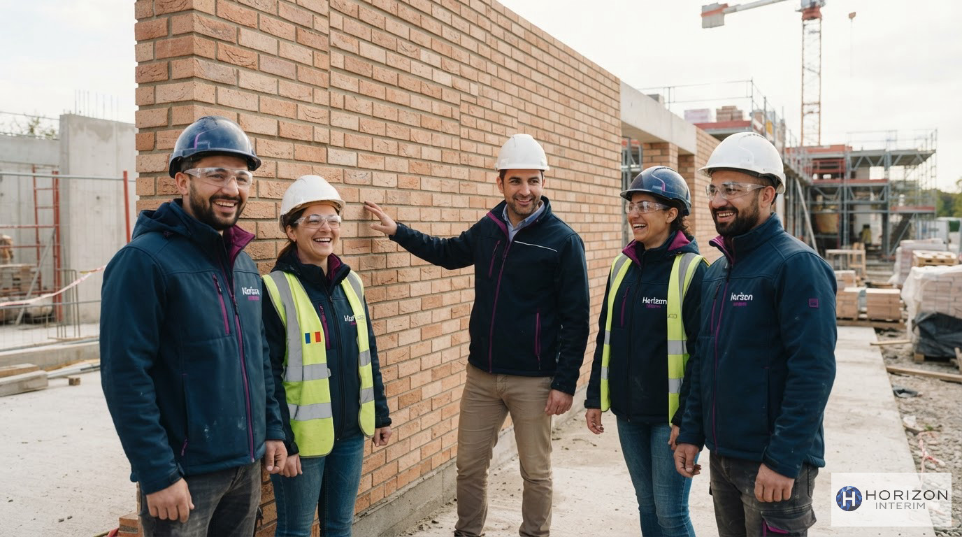 Une équipe d'ouvriers et leur chef devant un mur de briques achevé
