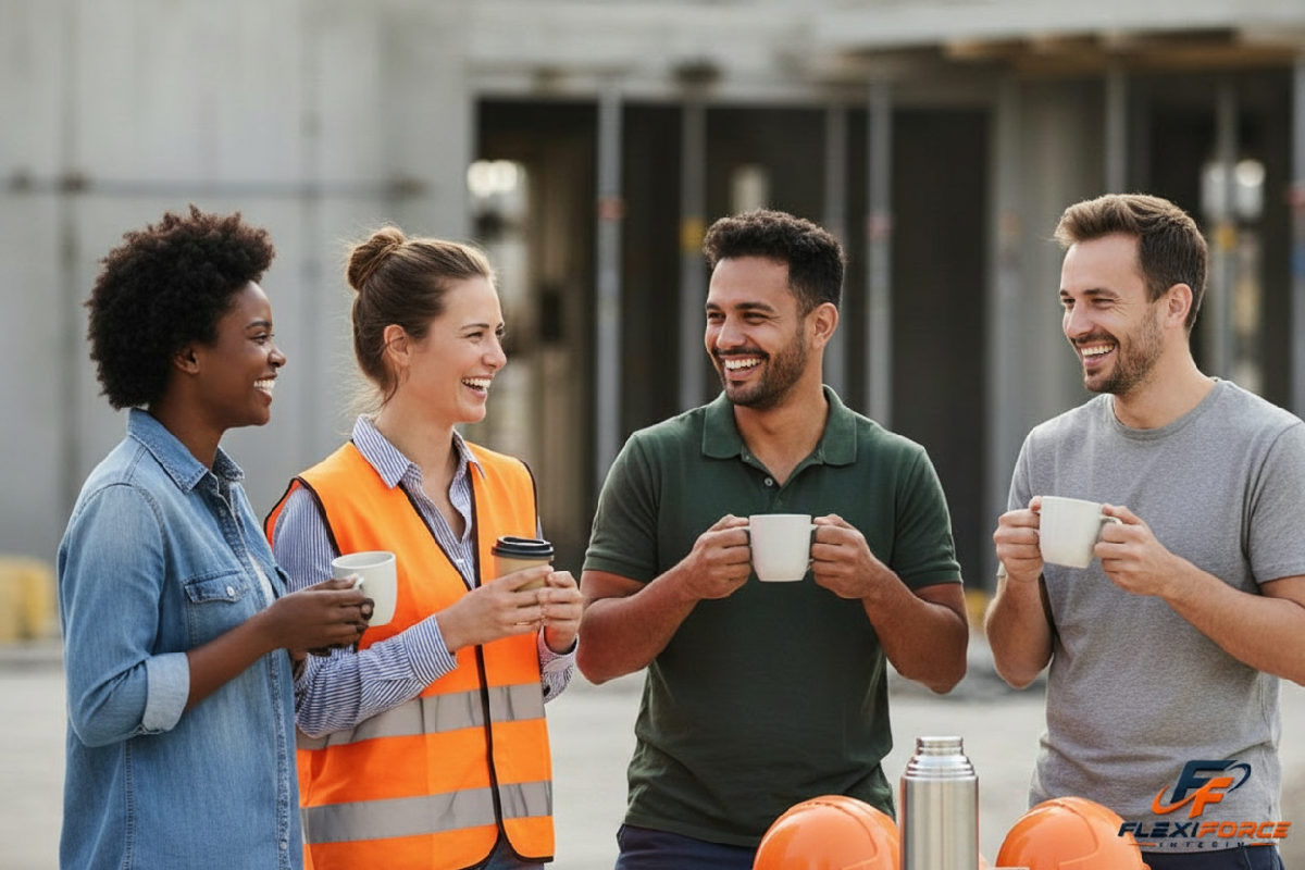 Équipe mixte de travailleurs français et roumains sur un chantier.
