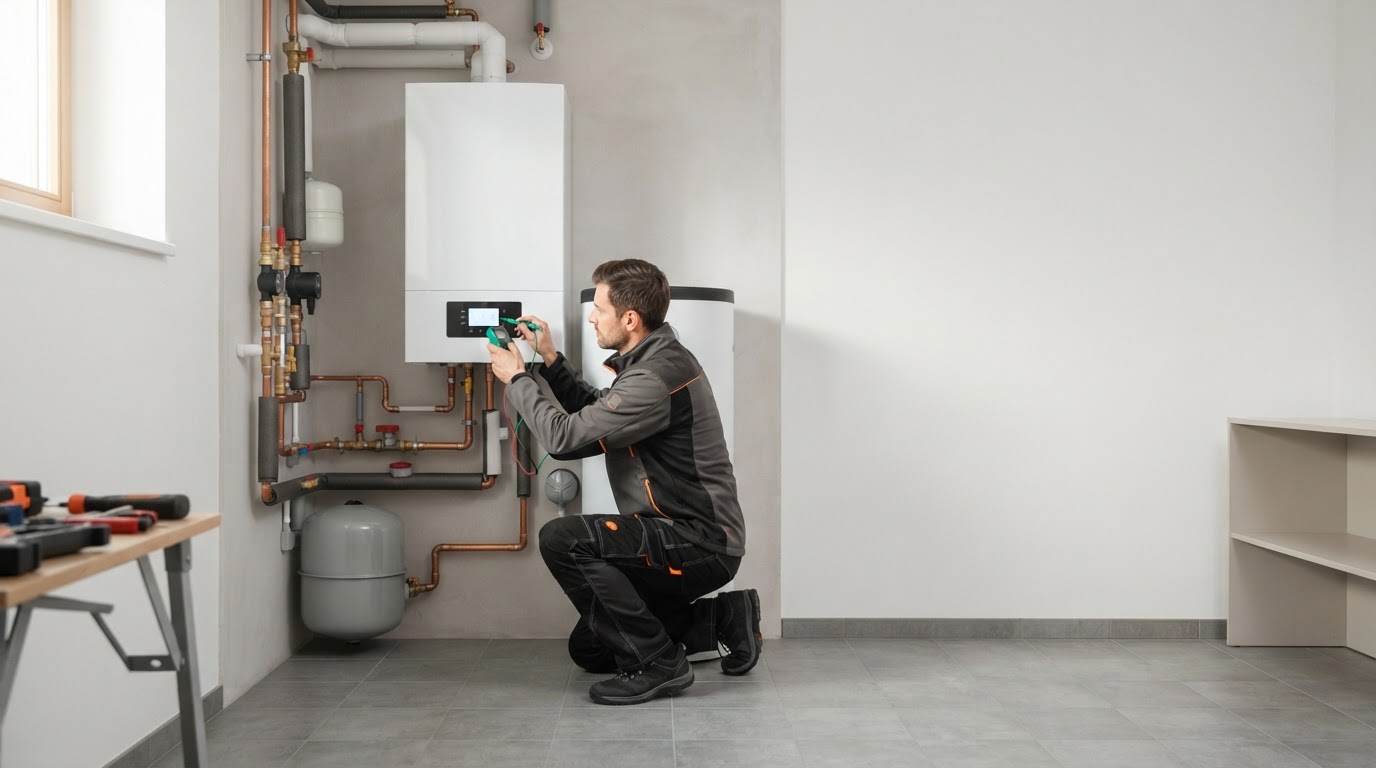 Technik provádí závěrečné měření na vnitřní jednotce v technické místnosti.