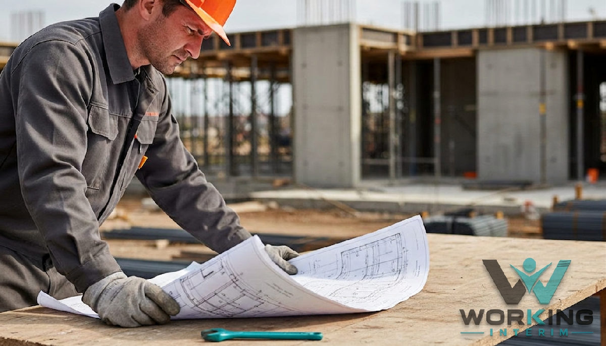 Ouvrier lisant un plan technique de ferraillage sur une table de chantier.