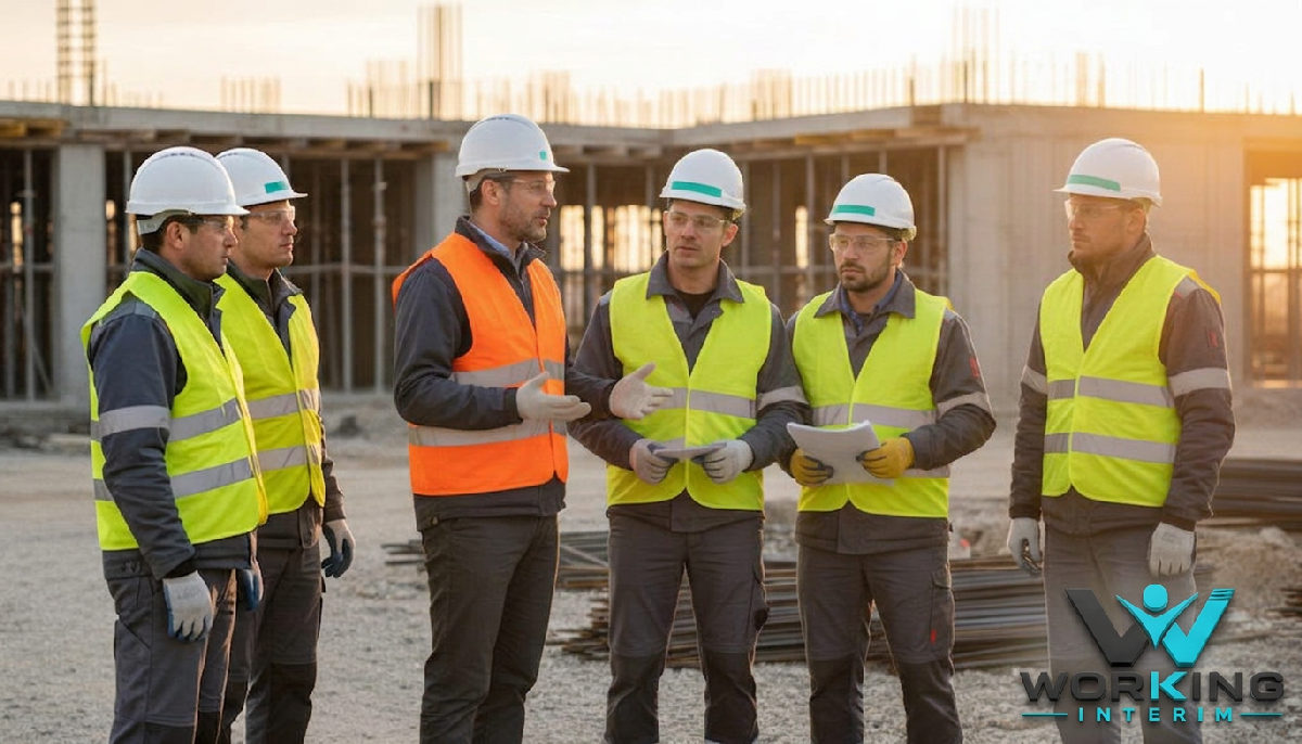 Réunion de sécurité entre chef de chantier et travailleurs sur un chantier.