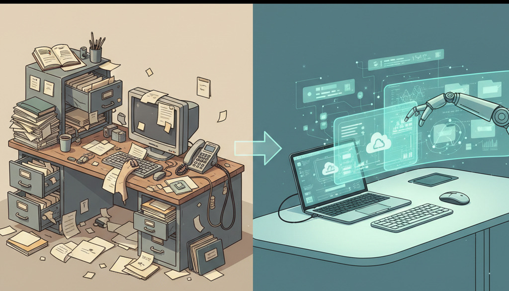 Evolução da mesa: do espaço de trabalho manual e desordenado para o digital organizado.
