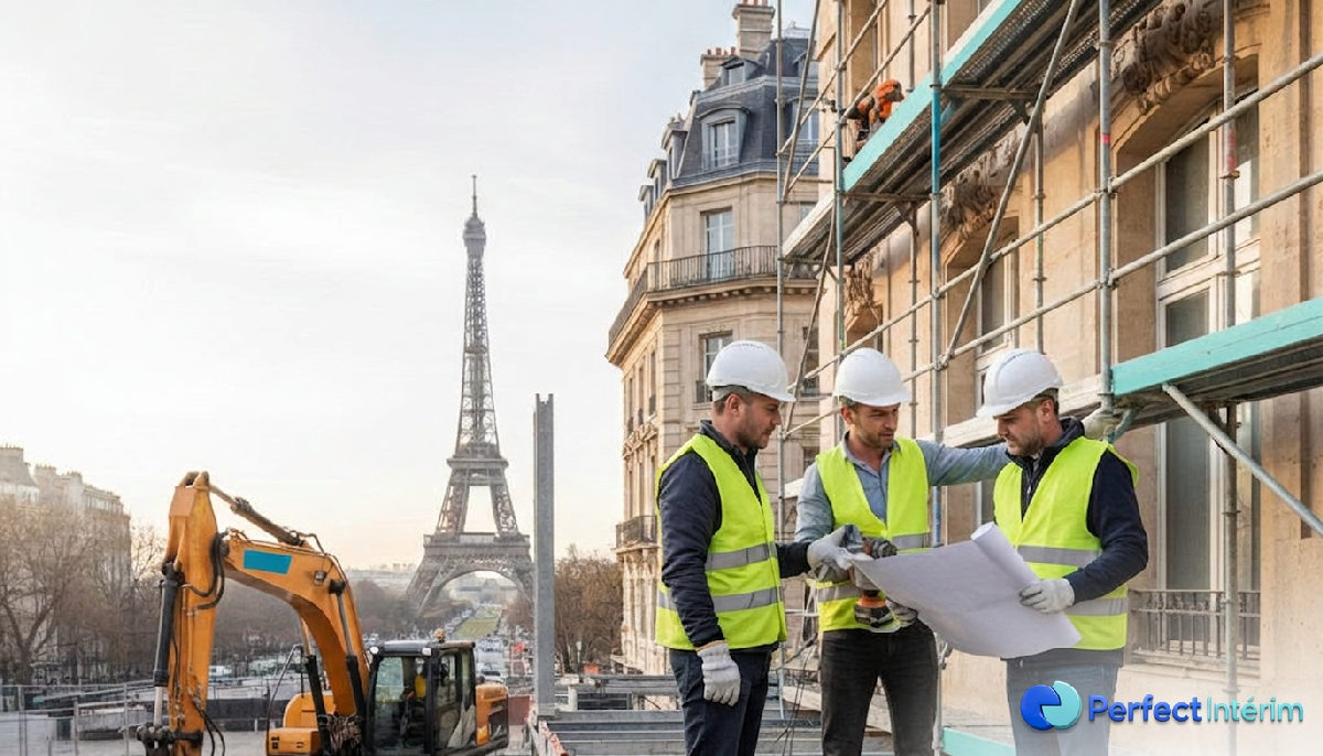 Travailleurs roumains sur un chantier français, coopération internationale.
