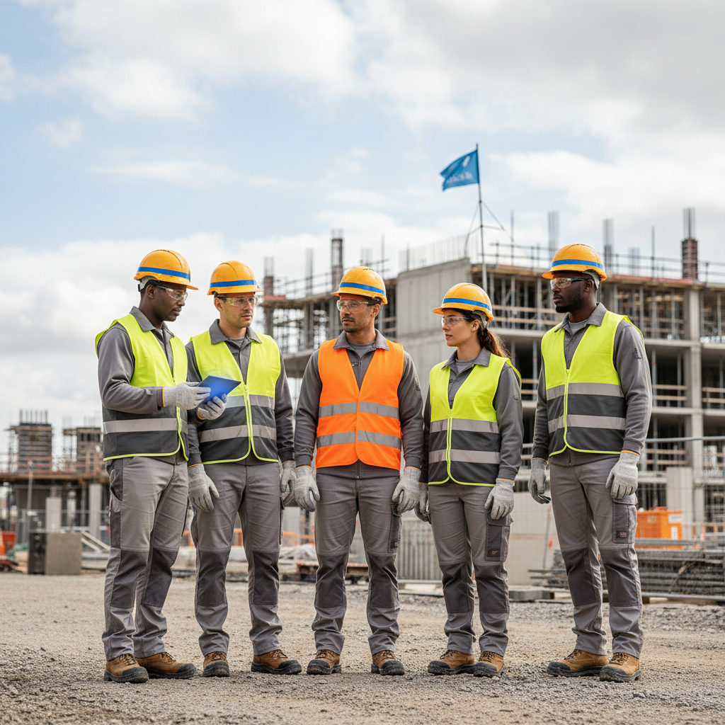Un groupe de travailleurs du bâtiment portant des équipements de sécurité sur un chantier en France, illustrant la directive service protection travailleurs détachés France.