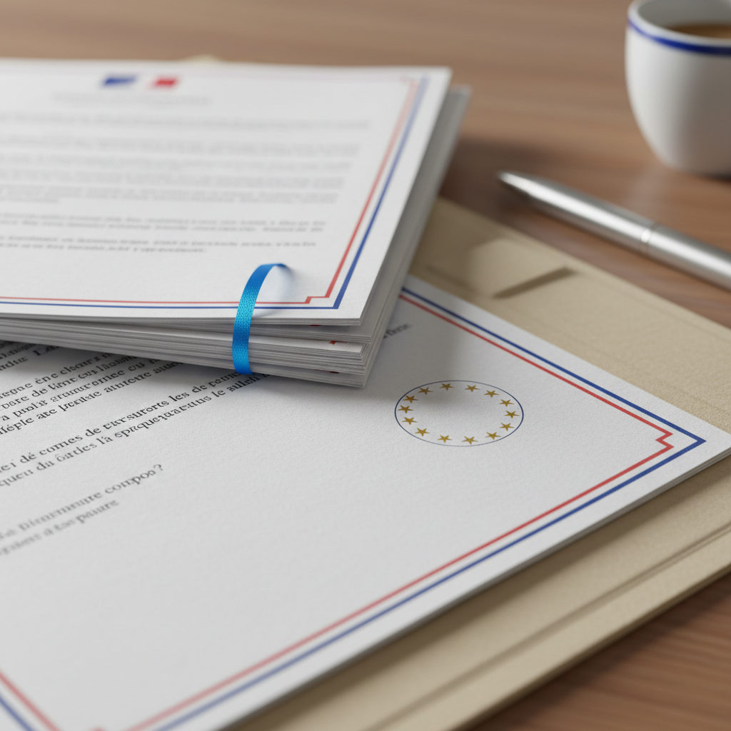 Un dossier administratif avec des documents officiels français et le logo de l'Union européenne, symbolisant la conformité au détachement.