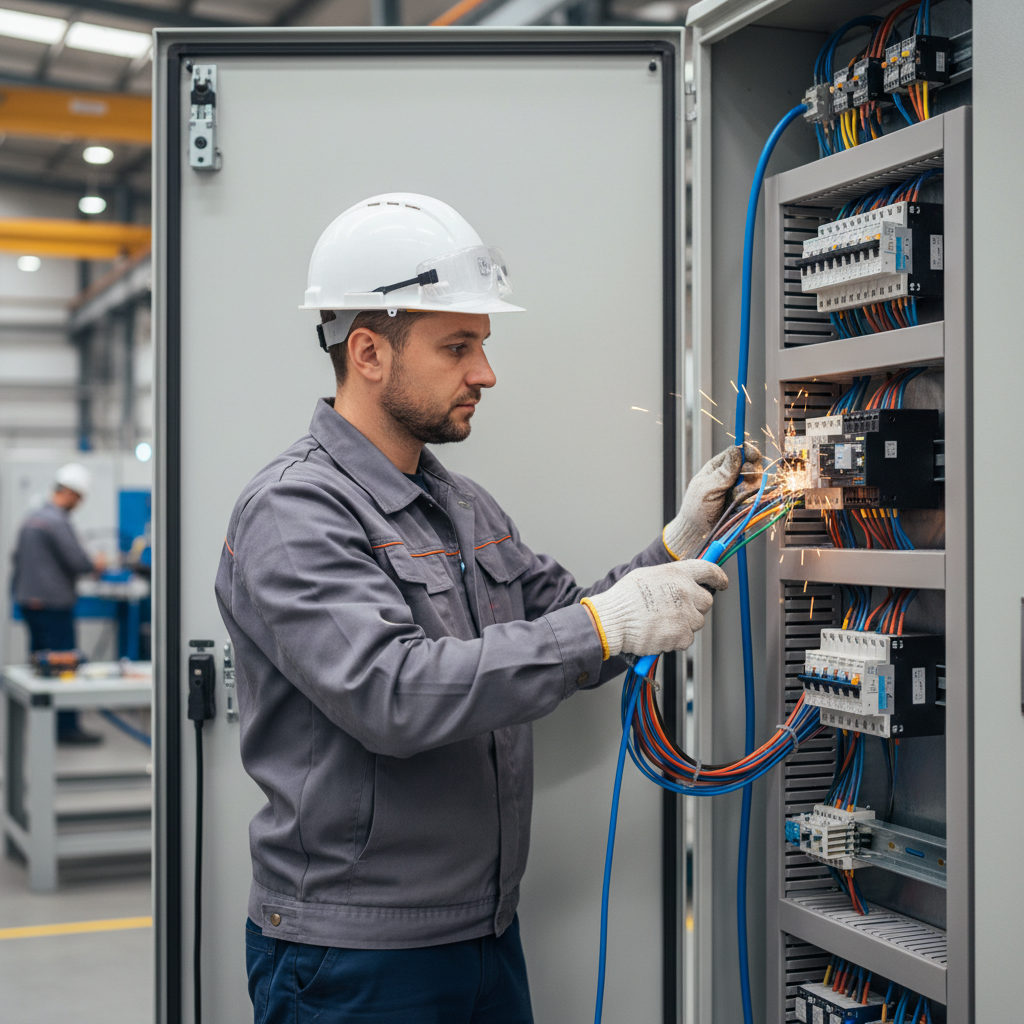 Un ouvrier qualifié travaillant sur une installation électrique complexe, représentant les talents roumains recrutés via Power Interim.