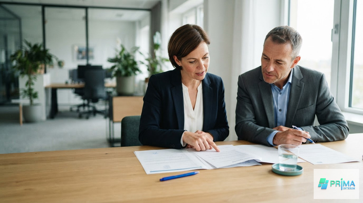 Deux professionnels examinant un contrat et un certificat A1 sur une table.