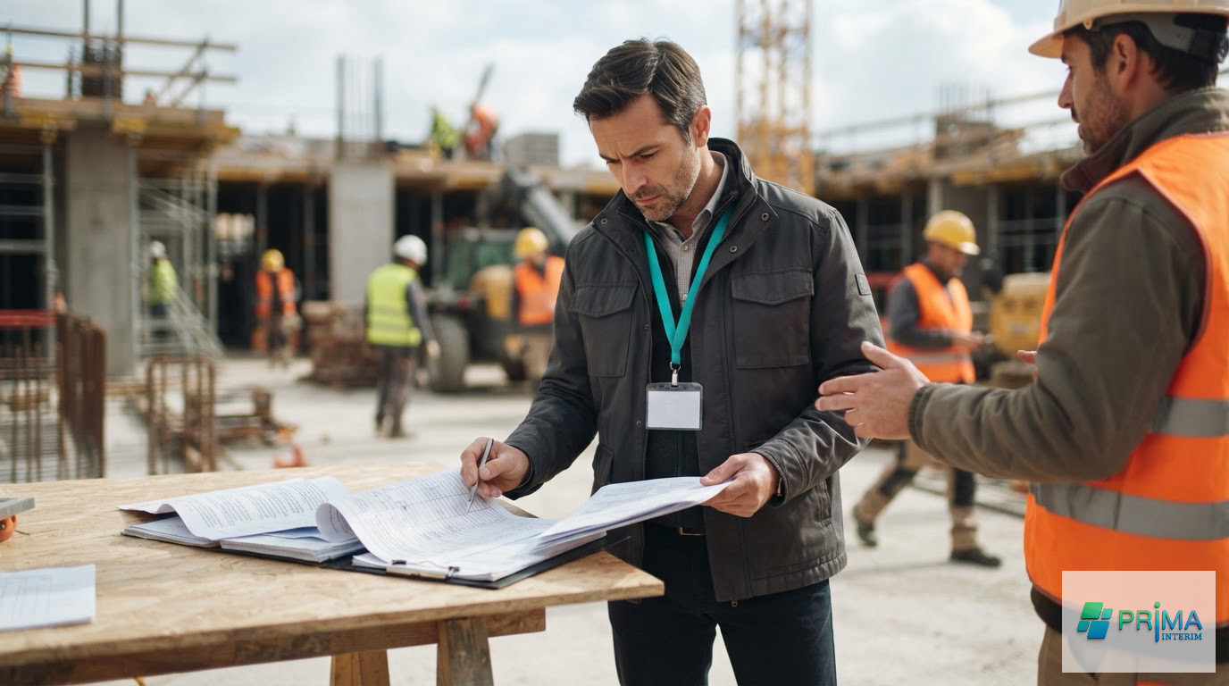 Un inspecteur vérifiant des documents et registres sur un chantier de construction.