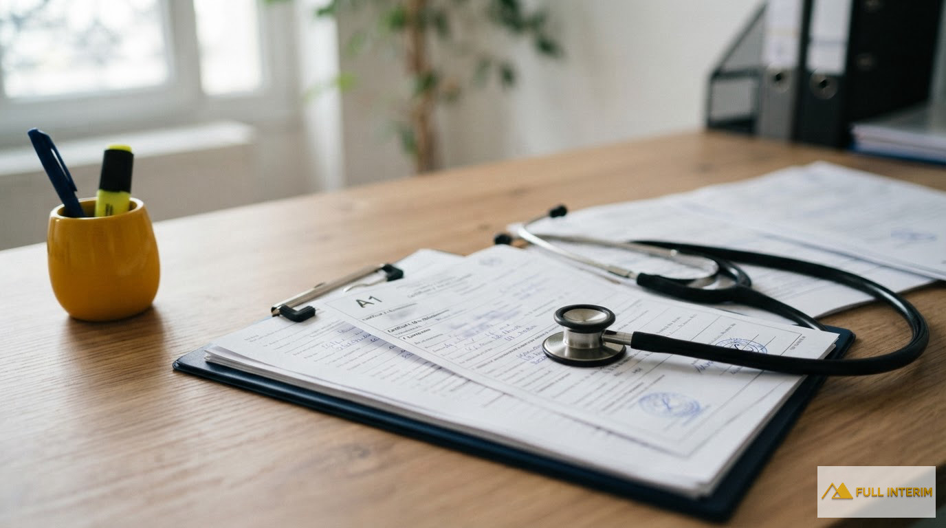 Formulaires A1 et stéthoscope sur un bureau, symbolisant la conformité administrative médicale.