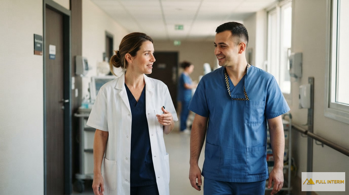 Sourires entre collègues français et roumains dans un couloir d'hôpital.