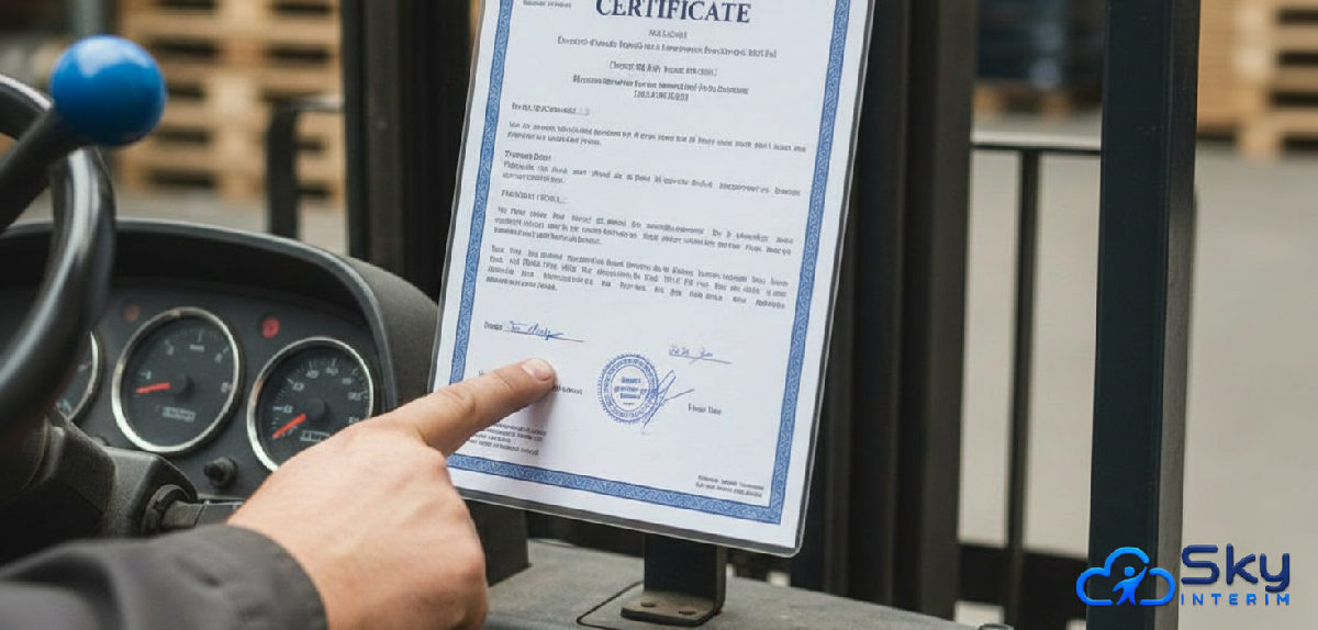 Certificat CACES visible sur le tableau de bord d'un chariot élévateur.