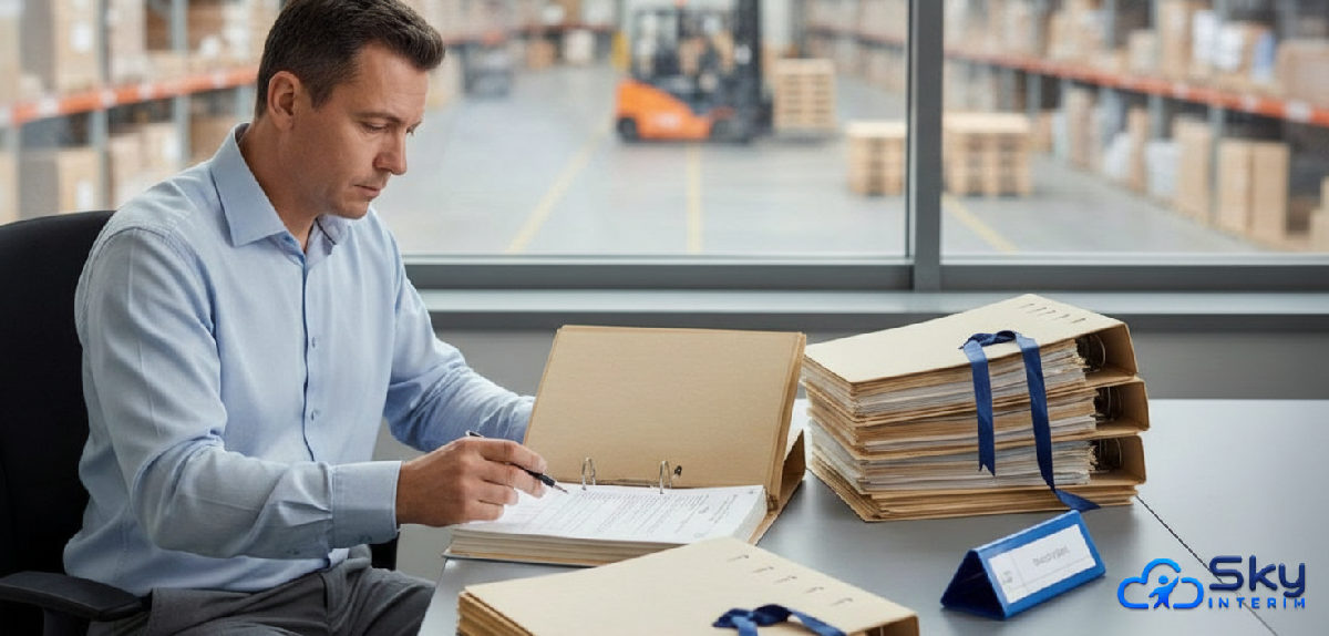 Inspecteur vérifiant les dossiers de conformité dans un bureau logistique.