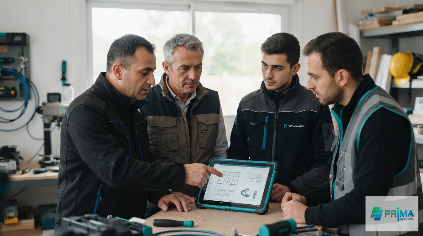 Des techniciens analysent un plan sur tablette lors d'une collaboration.