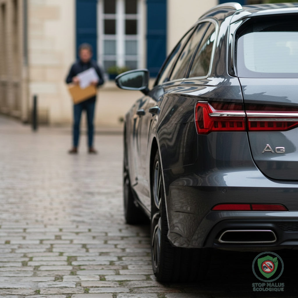 Prix carte grise voiture importée : Évitez malus ! Une voiture allemande dans un garage, prête pour l'immatriculation en France.