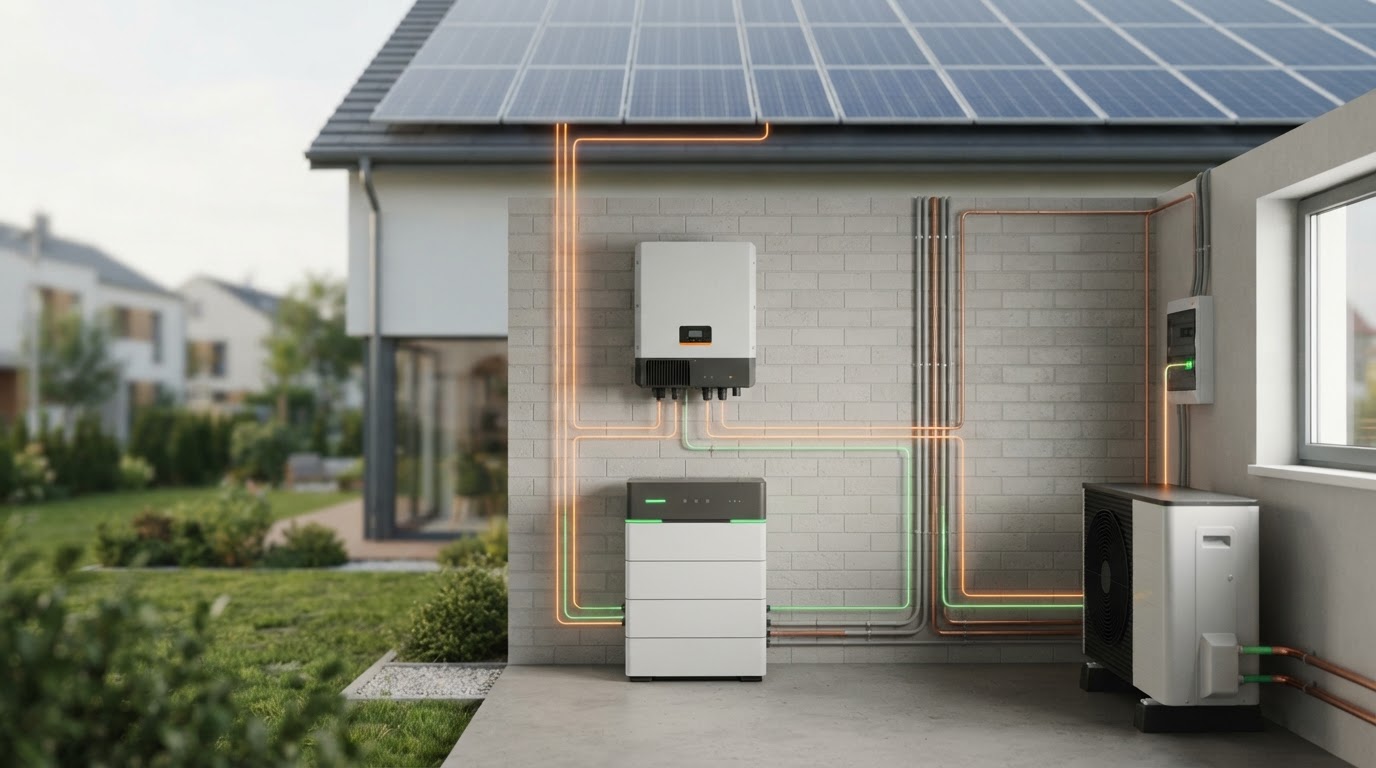 Schéma propojení fotovoltaických panelů, hybridního měniče, baterií a tepelného čerpadla v domě.