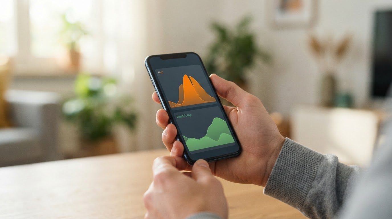 Mobilní aplikace zobrazující aktuální data o výrobě energie a spotřebě tepelného čerpadla.