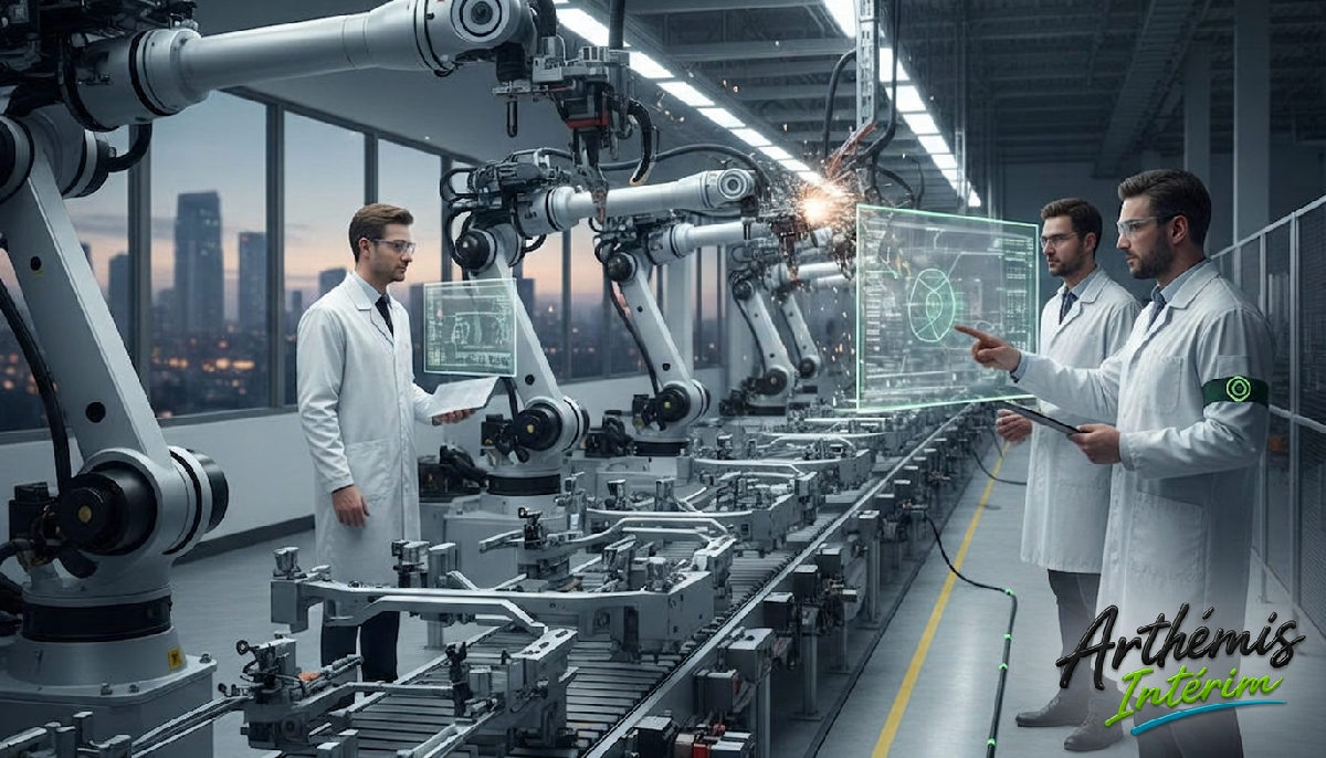 Techniciens supervisant une ligne de production automobile automatisée.