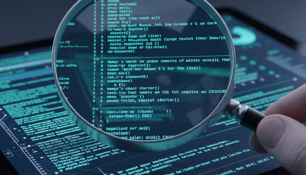 Magnifying glass scrutinizes code on a digital screen for accuracy.