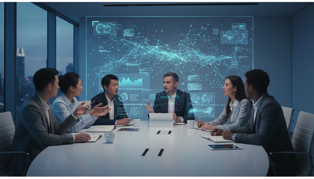 Divers team bespreekt digitale strategie met futuristische projecties.