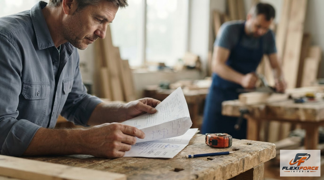 Un recruteur vérifiant les qualifications techniques d'un menuisier sur une tablette numérique.