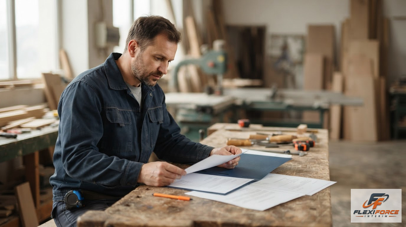 Des outils de menuiserie posés sur un plan de travail avec des documents officiels.