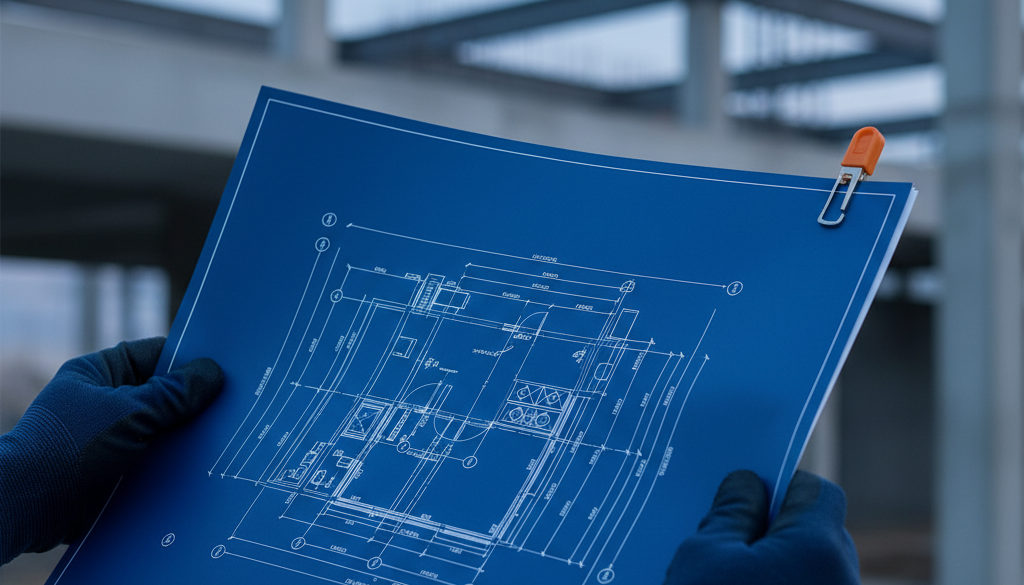 Un ouvrier examine des plans de construction bleus détaillés, métaphore de l'expertise roumaine.
