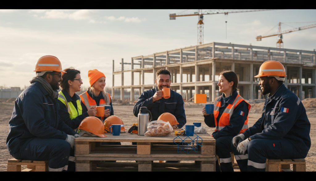 Équipe diverse de construction, Français et Roumains, partageant une pause café.