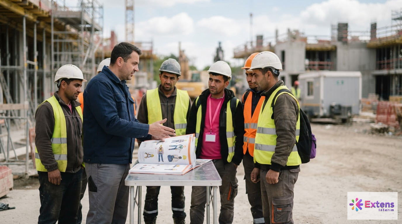 Formateur expliquant les consignes de sécurité à des ouvriers roumains.