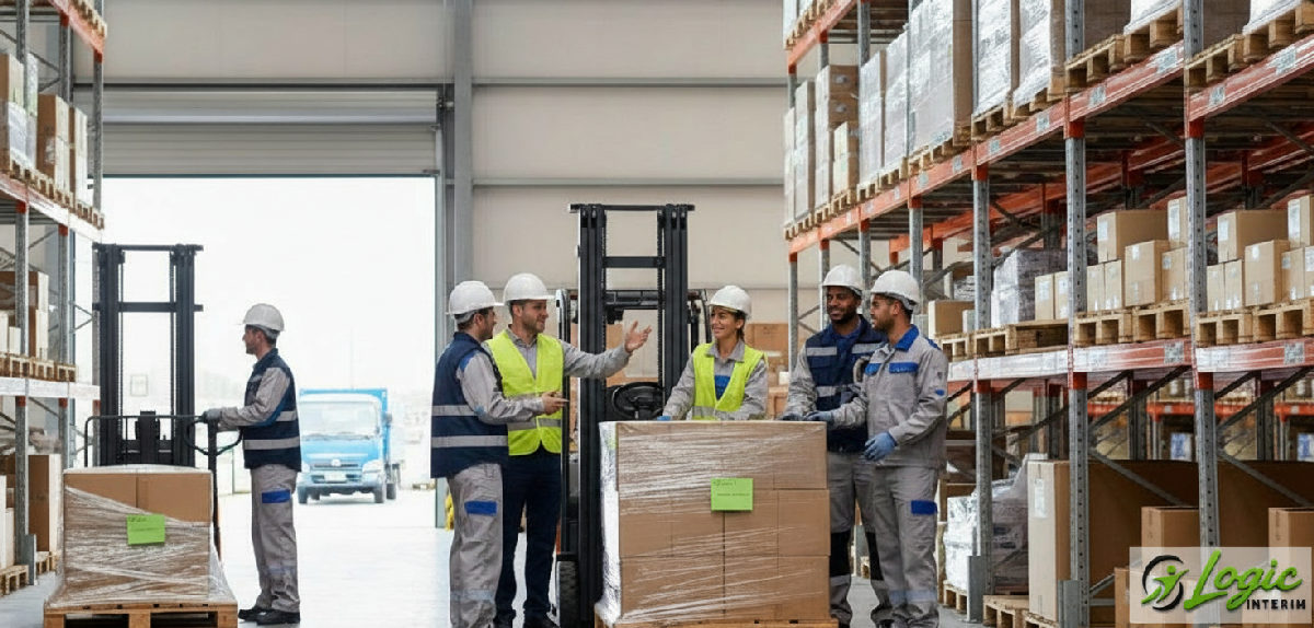 Équipe mixte d'ouvriers français et roumains travaillant ensemble dans un entrepôt.