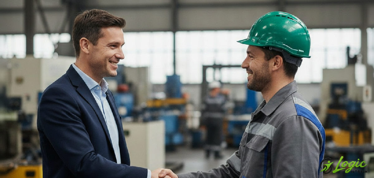 Manager français et travailleur roumain scellant un partenariat réussi sur site.